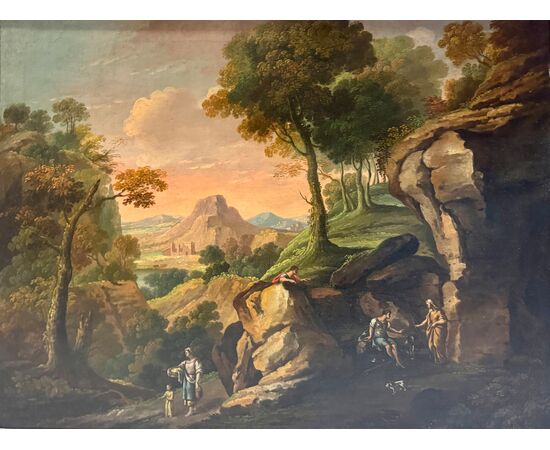 LANDSCAPE WITH FIGURES - Roman school of the 19th century.
