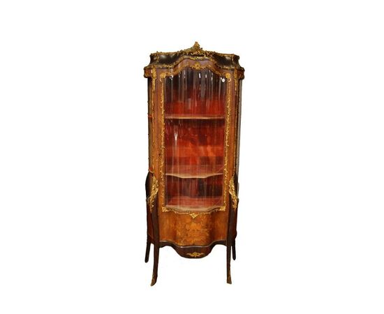 Stunning Louis XV inlaid display cabinet with bronze appliques and caryatids.