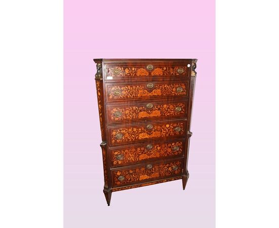 Dutch Empire style highboy from the 1700s in richly inlaid mahogany