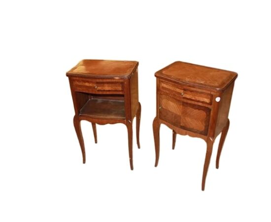 Pair of late 1800s French Transition style bedside tables, male and female.
