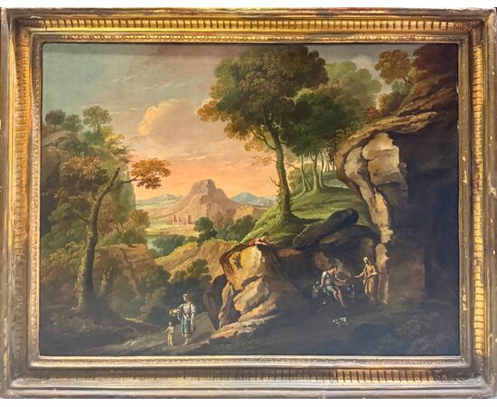 LANDSCAPE WITH FIGURES - Roman school of the 19th century.