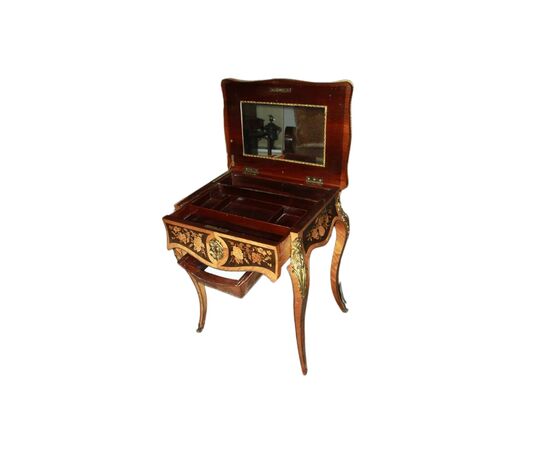 French Louis XV style toilet in rosewood with floral inlays on an ebony background, 19th century
