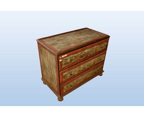 Early 1800s Tyrolean chest of drawers, lacquered and decorated with figures and landscapes