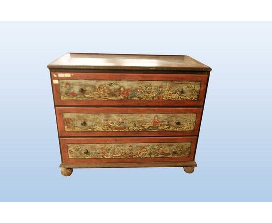 Early 1800s Tyrolean chest of drawers, lacquered and decorated with figures and landscapes