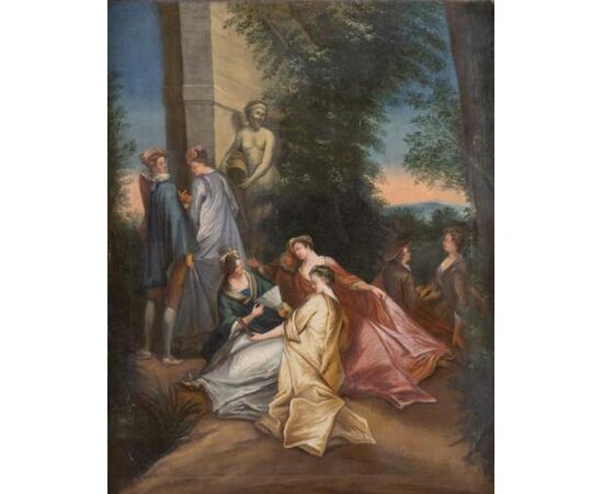 Scena galante – dipinto ad olio su tela, francese, di epoca rococò.