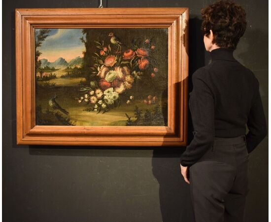 Pair of Floral Still Lifes with Landscapes