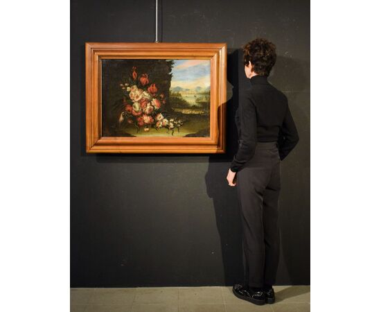 Pair of Floral Still Lifes with Landscapes