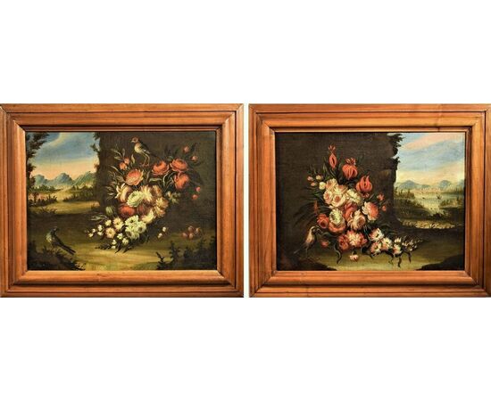 Pair of Floral Still Lifes with Landscapes