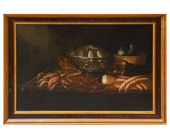 Emilian School, 17th century, Still life with sausages and prawns