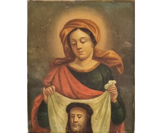 Small Spanish painting on zinc – Saint Veronica with the Veil of Christ