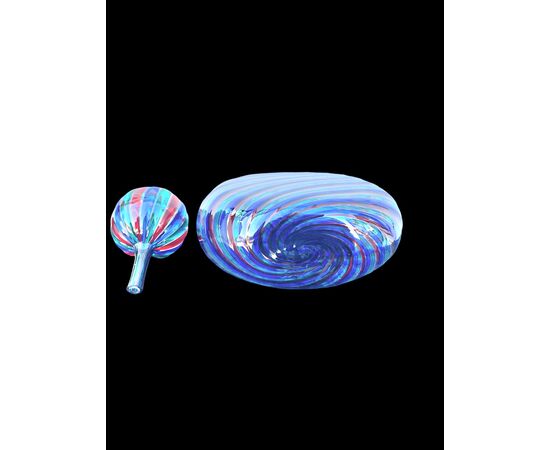 Round blown glass bottle with multicolored spiral bands. Ve.Art.Murano.