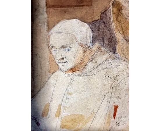 Acquerello su carta, firmato Giovanni Servi – Scena d’interni con Papa in atto di investitura