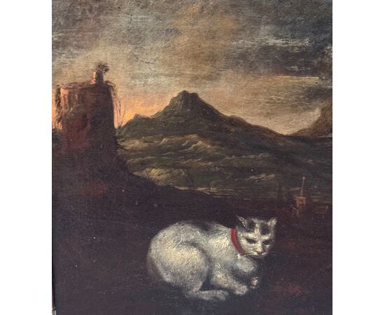 Scena mitologica o allegorica con figura maschile, cane e gatto – Dipinto su tela XVII secolo