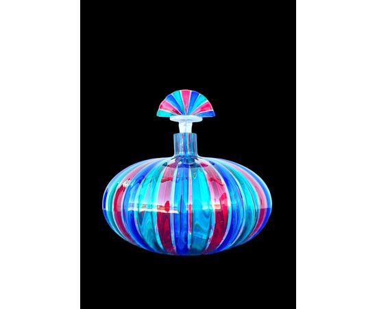 Blown glass bottle, round and flattened shape with vertical multicolored bands. Ve.Art, Murano.