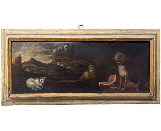 Scena mitologica o allegorica con figura maschile, cane e gatto – Dipinto su tela XVII secolo