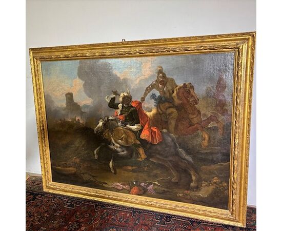 Oil on canvas by Jacques Courtois "Borgognone", Battle of knight and drummer. 17th century period, size 147 x 105 cm