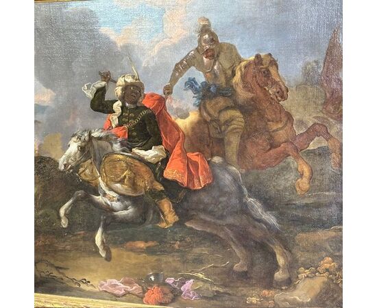 Oil on canvas by Jacques Courtois "Borgognone", Battle of knight and drummer. 17th century period, size 147 x 105 cm