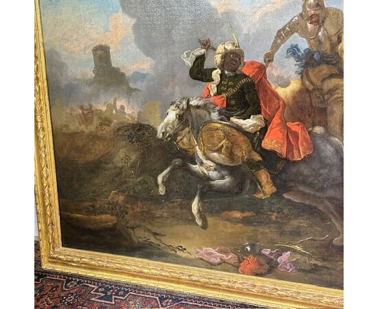 Oil on canvas by Jacques Courtois "Borgognone", Battle of knight and drummer. 17th century period, size 147 x 105 cm