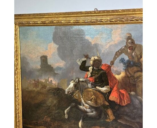 Oil on canvas by Jacques Courtois "Borgognone", Battle of knight and drummer. 17th century period, size 147 x 105 cm