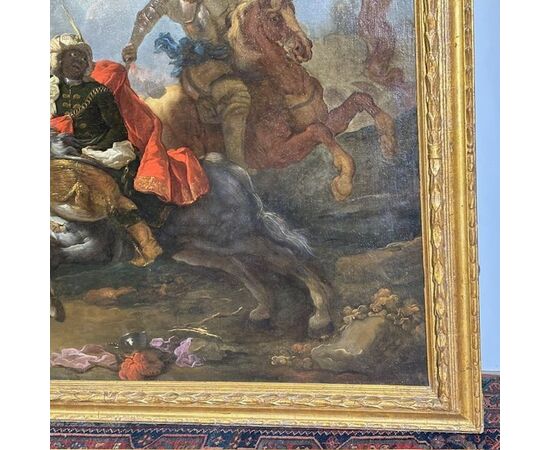 Oil on canvas by Jacques Courtois "Borgognone", Battle of knight and drummer. 17th century period, size 147 x 105 cm