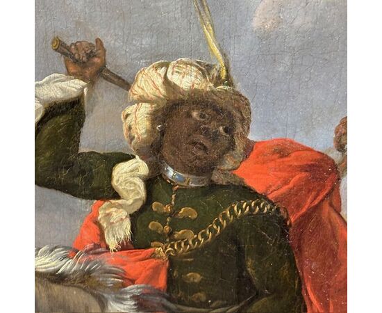 Oil on canvas by Jacques Courtois "Borgognone", Battle of knight and drummer. 17th century period, size 147 x 105 cm