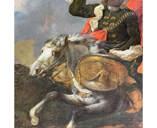 Oil on canvas by Jacques Courtois "Borgognone", Battle of knight and drummer. 17th century period, size 147 x 105 cm