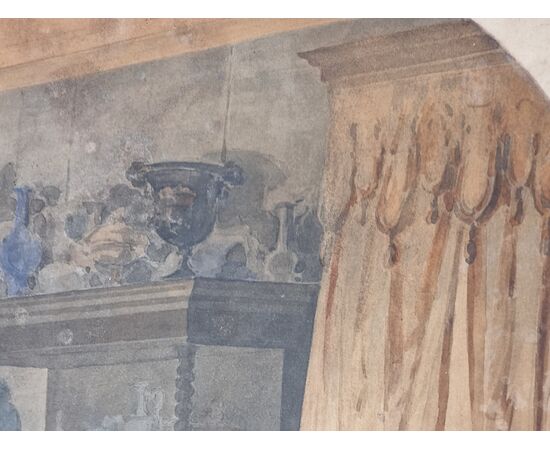 Acquerello su carta, firmato Giovanni Servi – Scena d’interni con Papa in atto di investitura