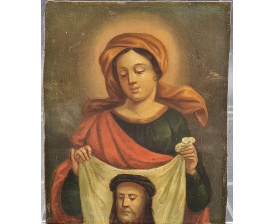 Small Spanish painting on zinc – Saint Veronica with the Veil of Christ