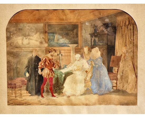 Acquerello su carta, firmato Giovanni Servi – Scena d’interni con Papa in atto di investitura