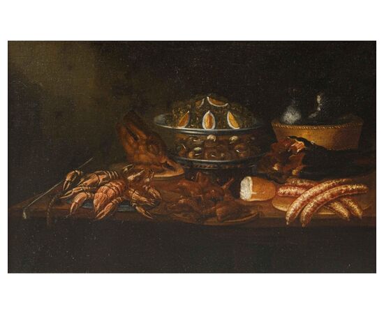 Emilian School, 17th century, Still life with sausages and prawns