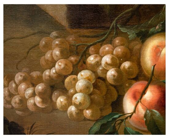 Scuola Romana, XVIII secolo,  Natura morta con Melone e uva