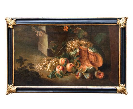 Scuola Romana, XVIII secolo,  Natura morta con Melone e uva