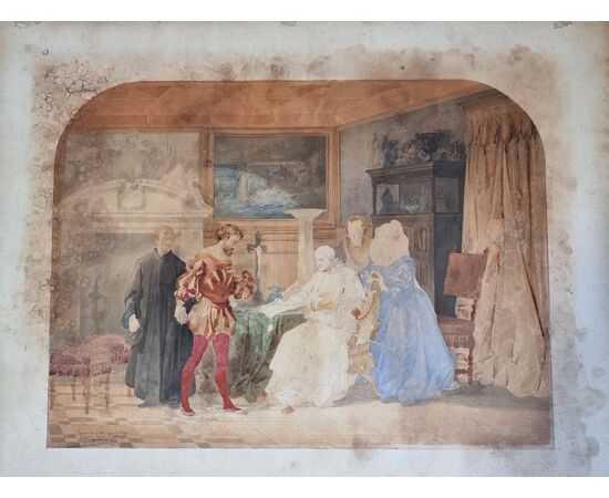 Acquerello su carta, firmato Giovanni Servi – Scena d’interni con Papa in atto di investitura