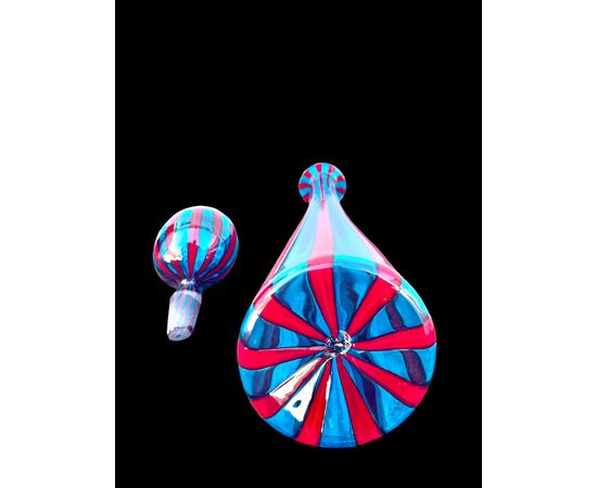 Glass bottle with red and blue vertical stripes. Ve.Art, Murano.