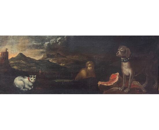 Scena mitologica o allegorica con figura maschile, cane e gatto – Dipinto su tela XVII secolo