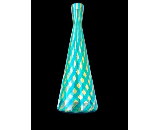 Green glass vase with spiral vertical bands. Signature VeArt (Murano artistic glassworks 1984).