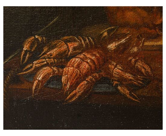 Emilian School, 17th century, Still life with sausages and prawns