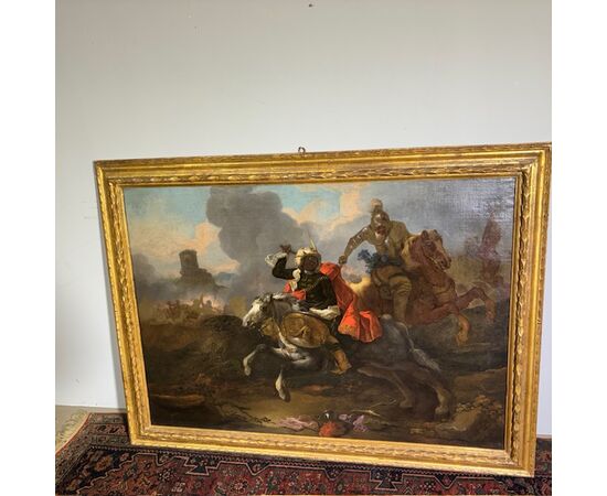 Oil on canvas by Jacques Courtois "Borgognone", Battle of knight and drummer. 17th century period, size 147 x 105 cm