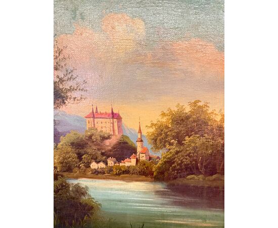 Antique oil painting on canvas, Austrian school, 19th century, 67x78cm, with landscape and castle.