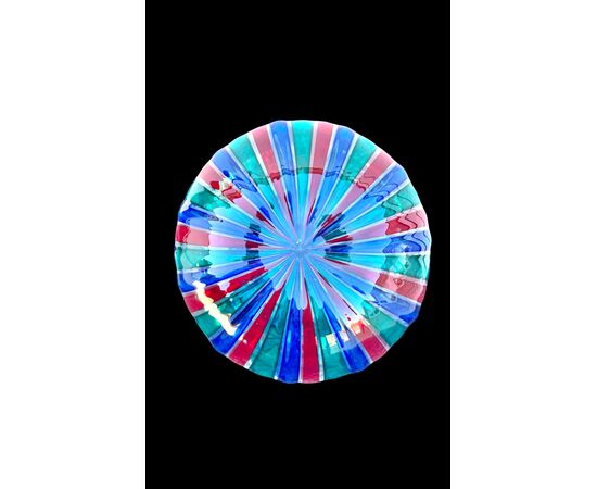 Blown glass bottle, round and flattened shape with vertical multicolored bands. Ve.Art, Murano.