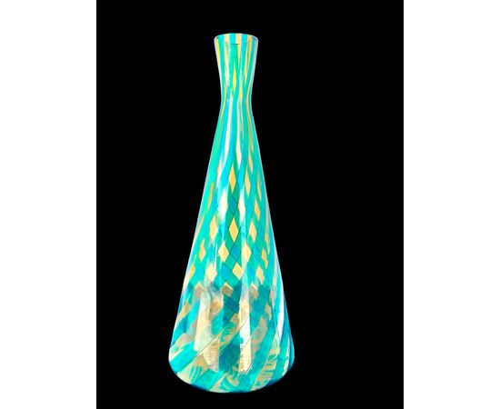Green glass vase with spiral vertical bands. Signature VeArt (Murano artistic glassworks 1984).
