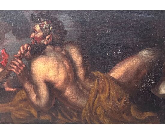 Scena Mitologica con Satiro, Putti e Natura Morta- dipinto su tela XVII secolo