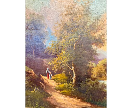 Antique oil painting on canvas, Austrian school, 19th century, 67x78cm, with landscape and castle.
