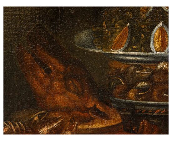 Emilian School, 17th century, Still life with sausages and prawns