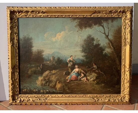 Giuseppe Zais (Forno di Canale 1709 - Treviso 1784) - Landscape with shepherds and spinner.