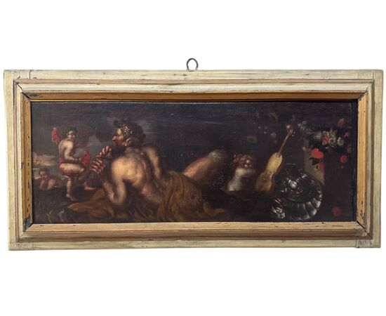 Scena Mitologica con Satiro, Putti e Natura Morta- dipinto su tela XVII secolo