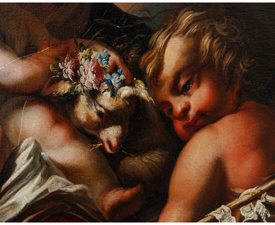 Genoese School, 17th century, Madonna with Child, Saint John and Goldfinch