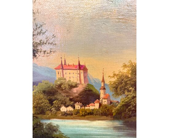 Antique oil painting on canvas, Austrian school, 19th century, 67x78cm, with landscape and castle.