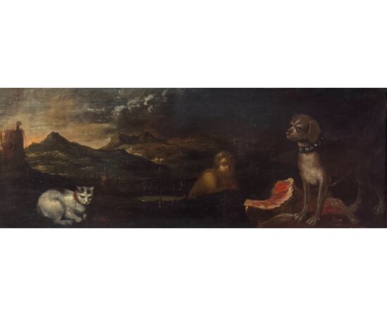 Scena mitologica o allegorica con figura maschile, cane e gatto – Dipinto su tela XVII secolo