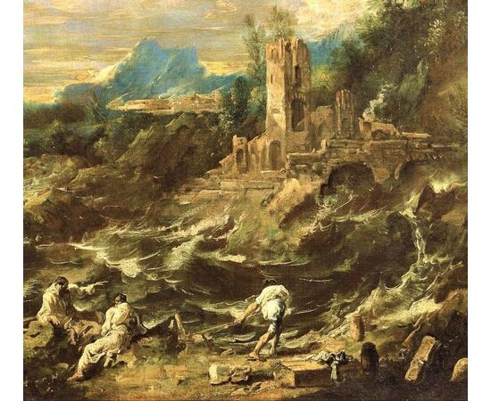 Fantastic landscape with friars and figures